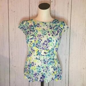 XHILARATION Semi sheer Floral Peplum Top White Purple Green Cap Sleeve Size S